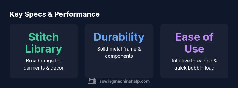 Infographic showing stitch library, durability, and ease of use for Singer 4452