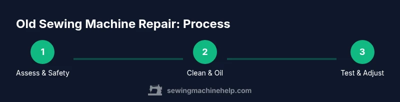 Process infographic showing three steps for old sewing machine repair