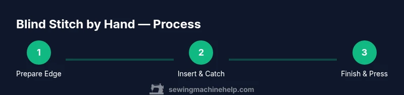Infographic showing three steps of blind stitch by hand: prepare edge, insert and catch, finish and press.