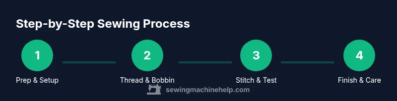 Tailwind infographic showing a four-step sewing process (Prep, Thread & Bobbin, Stitch & Test, Finish & Care)